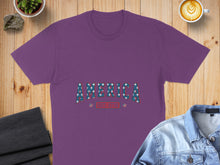 Load image into Gallery viewer, Purple t-shirt with "AMERICA" in stars and stripes design.