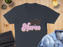 Load image into Gallery viewer, Dark t-shirt with "Blessed Nurse" text in retro font.