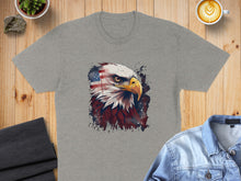 Load image into Gallery viewer, Grey t-shirt featuring a watercolor-style bald eagle head with an American flag background.