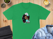 Load image into Gallery viewer, Green t-shirt featuring a colorful illustration of a Black nurse with curly hair.