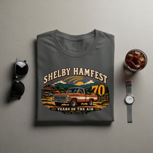Load image into Gallery viewer, Shelby Hamfest 70 years on the air shirt with a vintage truck and mountains.