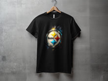 Load image into Gallery viewer, Vibrant Black Shirt with Stars and Logo Graphic Design
