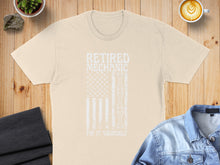 Load image into Gallery viewer, Cream t-shirt with "Retired Mechanic" text and American flag design.