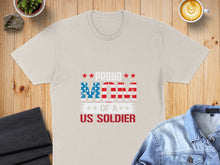 Load image into Gallery viewer, Proud Mom of a US Soldier text with American flag accents on a t-shirt.