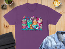 Load image into Gallery viewer, T-shirt with NICU-themed cartoon drinks, teddy bear, and baby.