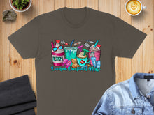 Load image into Gallery viewer, LVN graphic t-shirt with medical and coffee icons.