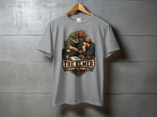 Load image into Gallery viewer, Gray t-shirt with "The Elmer Passing the Signal On" ham radio graphic.