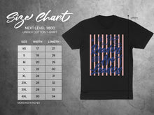 Load image into Gallery viewer, Unisex cotton t-shirt size chart with measurements for width and length.