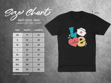 Load image into Gallery viewer, Unisex Next Level 3600 cotton t-shirt size chart with width and length measurements.