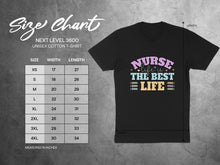 Load image into Gallery viewer, Next Level 3600 unisex t-shirt size chart with measurements in inches.