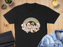 Load image into Gallery viewer, Black t-shirt with "Nurse Life" text and medical icons in a rainbow design.