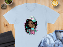 Load image into Gallery viewer, Light blue t-shirt with "Scrub Life" graphic of a nurse with curly hair.