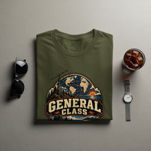 Load image into Gallery viewer, Olive green t-shirt with "GENERAL CLASS" text and global communication graphic.