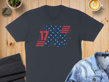 Load image into Gallery viewer, Dark blue t-shirt with distressed "1776" graphic in red, white, and blue stars and stripes.