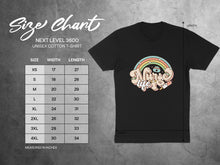 Load image into Gallery viewer, Next Level 3600 unisex t-shirt size chart with measurements in inches.