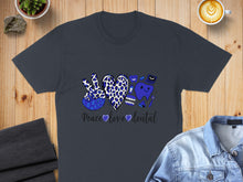 Load image into Gallery viewer, Dark t-shirt with blue leopard print peace sign, teeth, and heart.