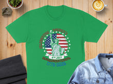 Load image into Gallery viewer, Green t-shirt with Statue of Liberty, American flag, and "Celebrating America's Semiquincentennial 1776-2026" text.