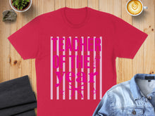Load image into Gallery viewer, Red t-shirt with "Teacher of the Year" text in pink and white stripes.