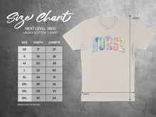 Load image into Gallery viewer, Unisex cotton t-shirt size chart with width and length measurements in inches.