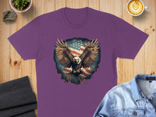 Load image into Gallery viewer, Purple t-shirt with eagle and American flag graphic.