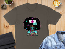 Load image into Gallery viewer, Nurse with afro, mask, and stethoscope wearing a pink flower.