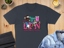 Load image into Gallery viewer, Dark t-shirt with "LPN #licensedpracticalnurse" and nurse graphic.