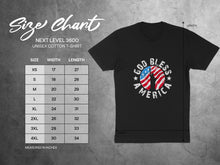 Load image into Gallery viewer, Unisex cotton t-shirt size chart with God Bless America graphic.