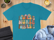 Load image into Gallery viewer, Teal t-shirt with "Nurse Nurse Nurse" text in retro floral and leopard print.