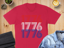 Load image into Gallery viewer, Red t-shirt with "1776" graphic in red, white, and blue stripes.