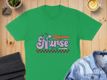 Load image into Gallery viewer, Green t-shirt with "Registered Nurse" and stethoscope graphic.