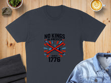 Load image into Gallery viewer, Dark grey t-shirt with "NO KINGS IN AMERICA SINCE 1776" text and red/blue graphic.