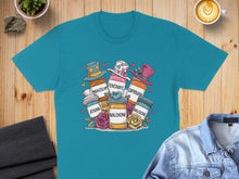 Load image into Gallery viewer, T-shirt featuring cartoon bottles labeled naloxone, midazolam, ativan, and diprivan.