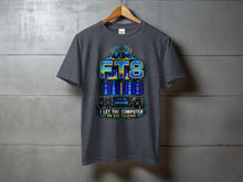 Load image into Gallery viewer, Dark t-shirt with graphic of FT8 radio equipment and text "I LET THE COMPUTER DO THE TALKING".