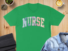 Load image into Gallery viewer, Green t-shirt with "NURSE" text in colorful patchwork letters.