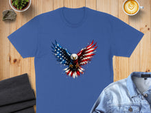 Load image into Gallery viewer, Blue t-shirt with a distressed American flag eagle design.
