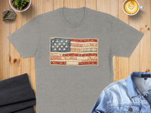 Load image into Gallery viewer, Grey t-shirt with a rustic American flag design.