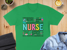 Load image into Gallery viewer, Green t-shirt with colorful text and medical icons for "Nurse".
