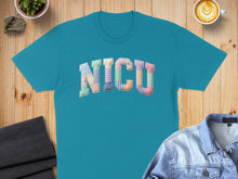 Load image into Gallery viewer, Teal t-shirt with "NICU" in colorful patchwork letters.