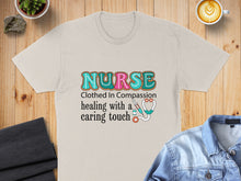 Load image into Gallery viewer, "Nurse" text with stethoscope, cream t-shirt, denim jacket, and coffee.