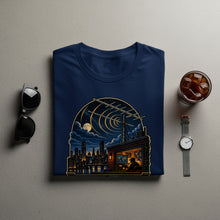 Load image into Gallery viewer, Navy t-shirt with graphic of a person at a radio station overlooking a city at night.