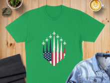 Load image into Gallery viewer, Green t-shirt with US flag and fighter jets in a starburst pattern.