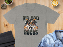 Load image into Gallery viewer, Grey t-shirt with "MY DAD ROCKS" and two crossed guitars graphic.