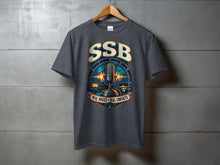 Load image into Gallery viewer, Dark gray t-shirt with "SSB" and radio graphics, featuring "Real Voices • Real Contacts".
