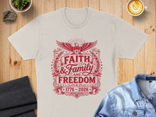 Load image into Gallery viewer, Cream t-shirt with red "Faith, Family, and Freedom" graphic.