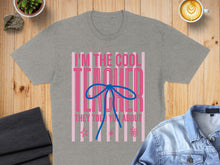 Load image into Gallery viewer, Grey t-shirt with pink stripes and text "I'm the cool teacher they told you about".