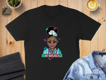 Load image into Gallery viewer, Black t-shirt with RN Nurse graphic featuring a stylized woman with butterflies.