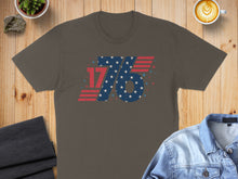 Load image into Gallery viewer, Distressed "1776" stars and stripes graphic on a dark gray t-shirt.
