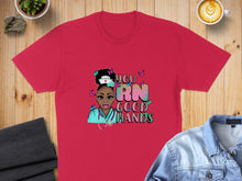 Load image into Gallery viewer, Red t-shirt with RN GOOD HANDS graphic featuring a nurse and butterflies.