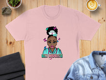 Load image into Gallery viewer, Pink t-shirt with cartoon nurse graphic and "RN NURSE" text.