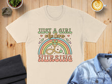 Load image into Gallery viewer, Just a girl who loves nursing text with stethoscope rainbow and heart accents.